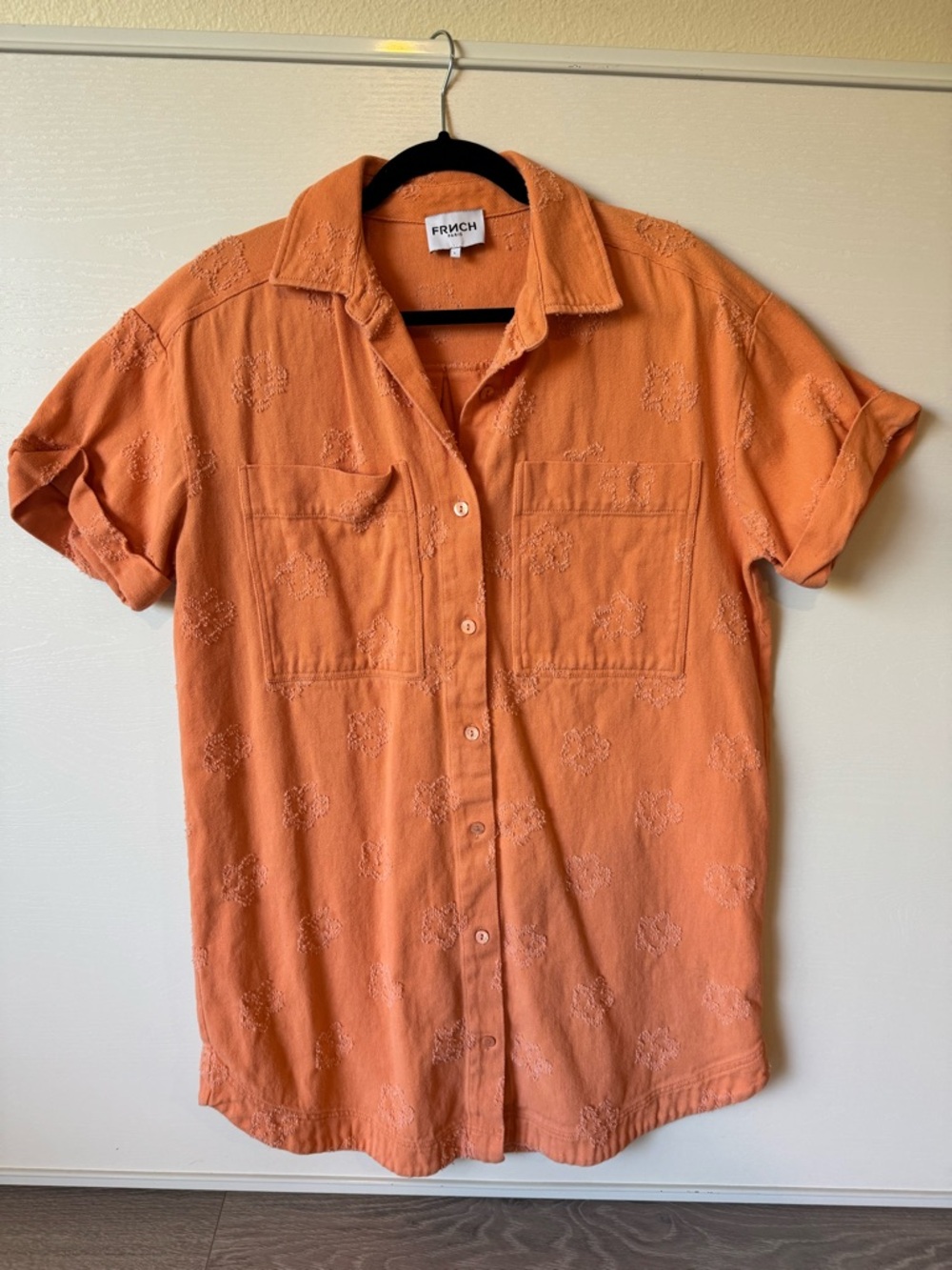FRNCH Paris Shirt Dress | Size Large Peach Orange | Floral Texture 100% Cotton